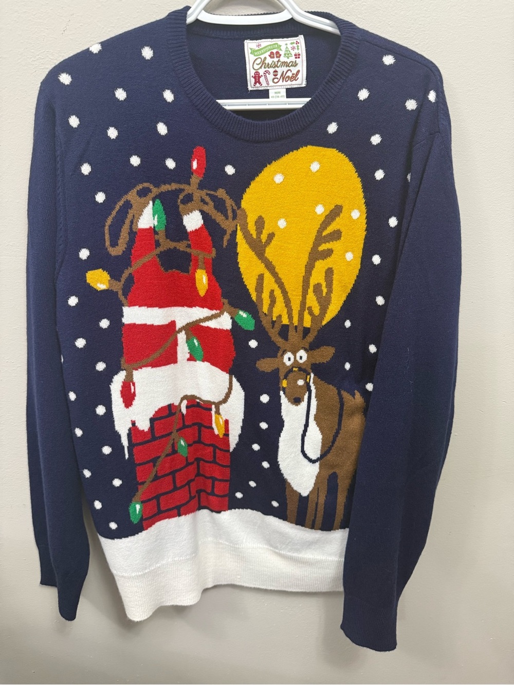 Christmas Noel Navy Holiday Reindeer & Chimney Crewneck Sweater Medium